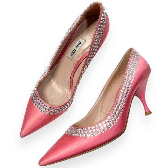 Miu Miu Calzature Donna Crystal Embellished Satin Heels Pumps Rose Pink SZ 36.5 - Picture 1 of 12